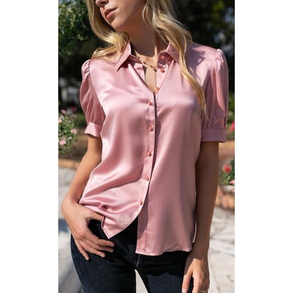 Ravella Juliet Pure Silk Blouse Platinum Pink Short Puff Sleeve Button XL - Picture 1 of 5